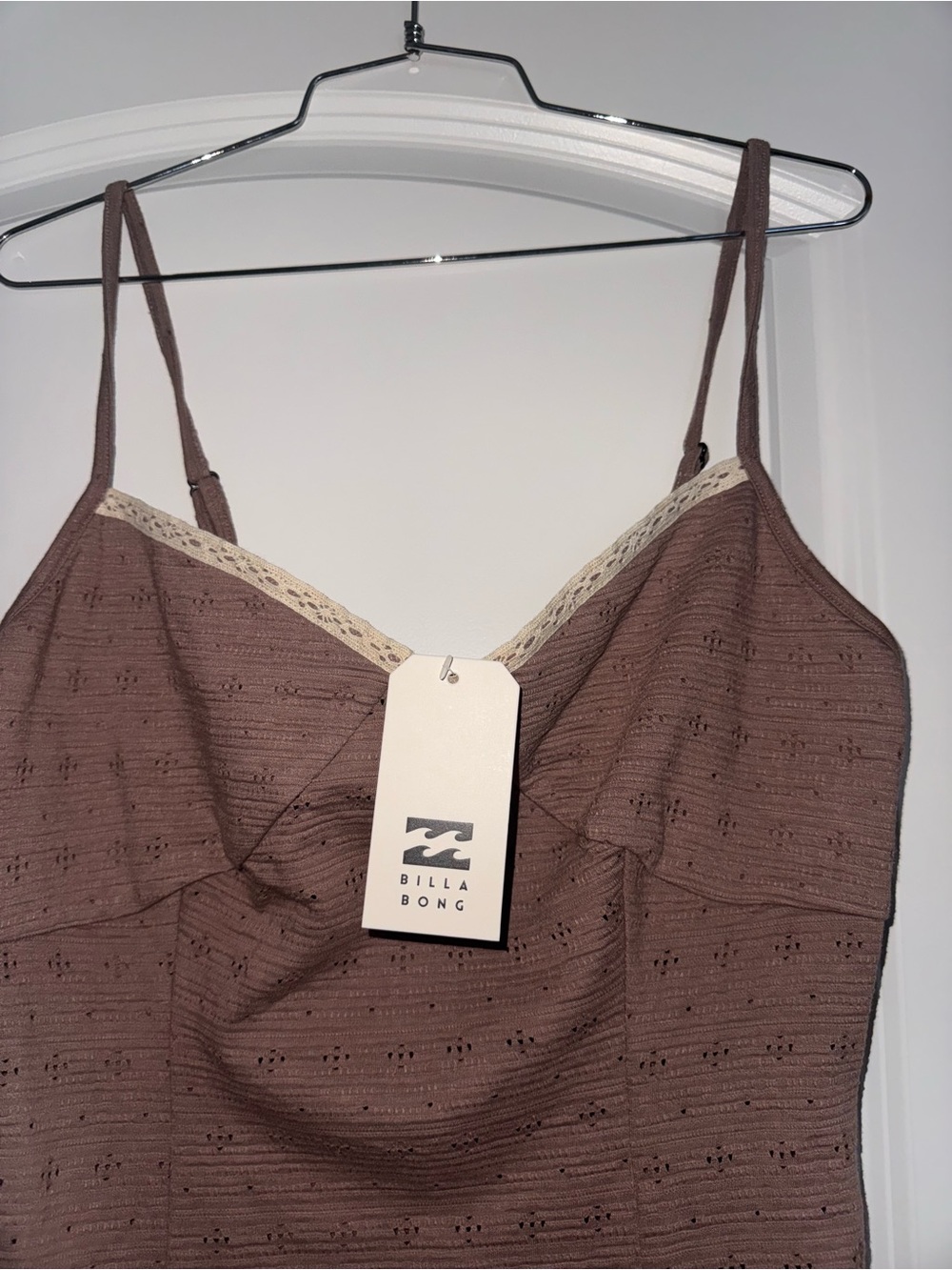 Billabong Mauve Brown Spaghetti-Strap Mini Dress with Cream Trim